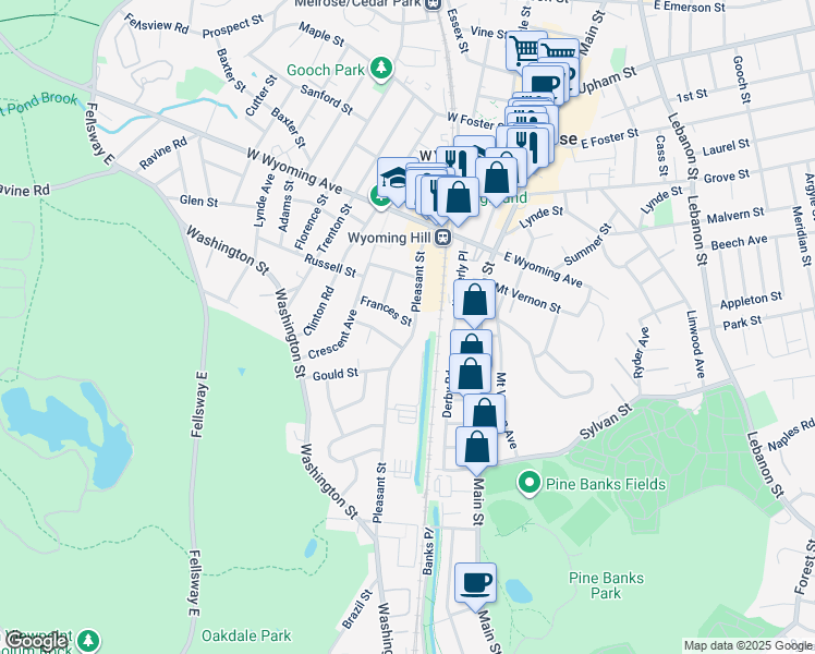 map of restaurants, bars, coffee shops, grocery stores, and more near 3 Bartlett Street in Melrose