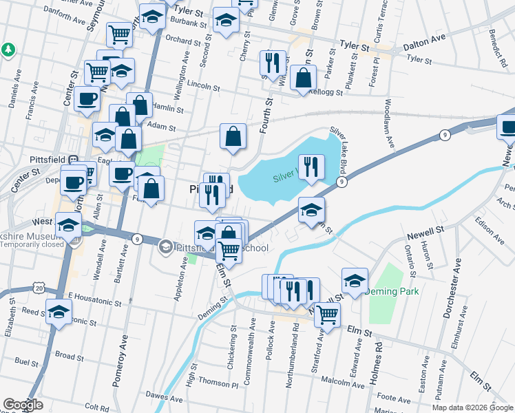 map of restaurants, bars, coffee shops, grocery stores, and more near 579 Fenn St in Pittsfield