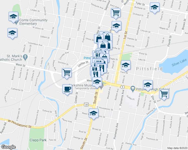 map of restaurants, bars, coffee shops, grocery stores, and more near 11 Mc Kay Street in Pittsfield