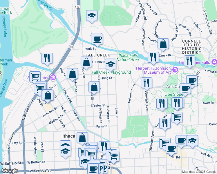 map of restaurants, bars, coffee shops, grocery stores, and more near 209 King Street in Ithaca
