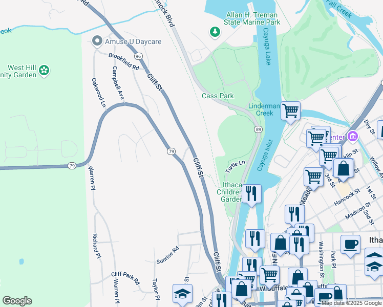map of restaurants, bars, coffee shops, grocery stores, and more near 802-08 Cliff Street in Ithaca