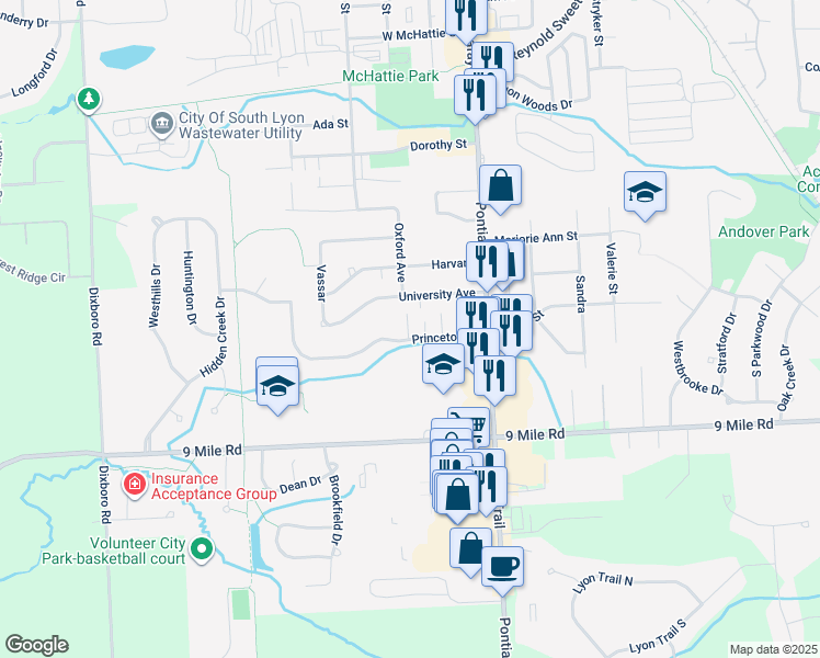 map of restaurants, bars, coffee shops, grocery stores, and more near 257 University Avenue in South Lyon