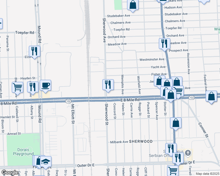 map of restaurants, bars, coffee shops, grocery stores, and more near 6719 Rivard Avenue in Warren