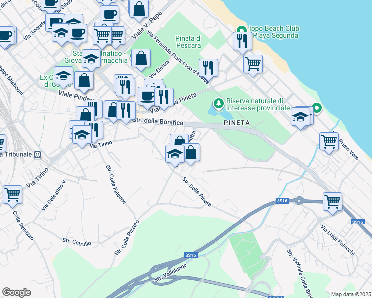map of restaurants, bars, coffee shops, grocery stores, and more near 13 Via Lago Isoletta in Pescara