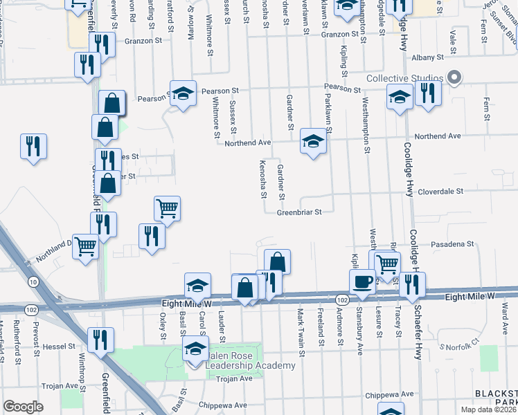 map of restaurants, bars, coffee shops, grocery stores, and more near 20841 Kenosha Street in Oak Park