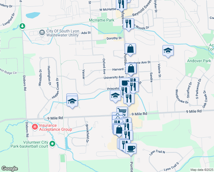 map of restaurants, bars, coffee shops, grocery stores, and more near 1244 Oxford Manor Court in South Lyon