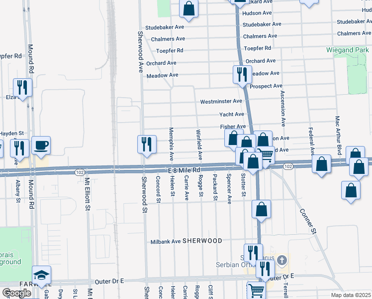 map of restaurants, bars, coffee shops, grocery stores, and more near 7061 Rivard Avenue in Warren