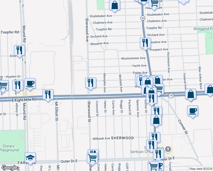 map of restaurants, bars, coffee shops, grocery stores, and more near 6807 Jackson Avenue in Warren