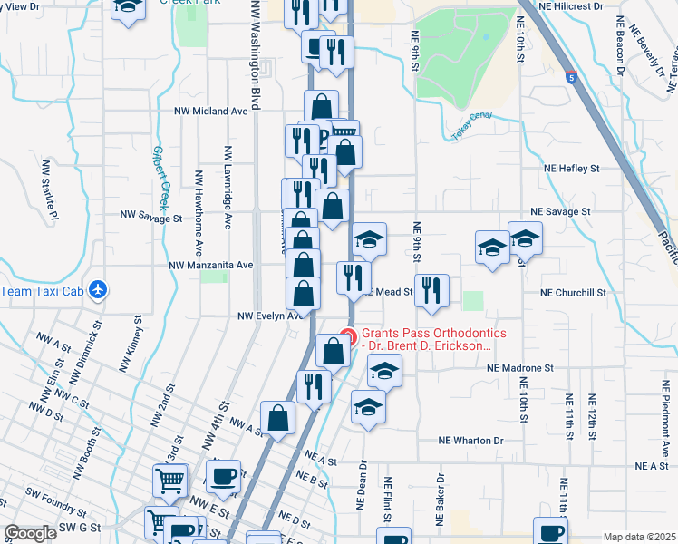 map of restaurants, bars, coffee shops, grocery stores, and more near 1212 Northeast 7th Street in Grants Pass