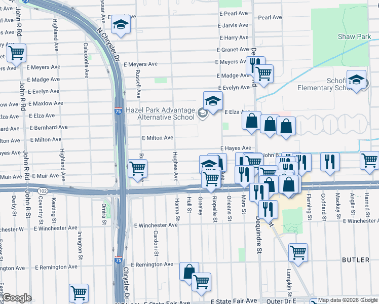 map of restaurants, bars, coffee shops, grocery stores, and more near 1436 East Milton Avenue in Hazel Park