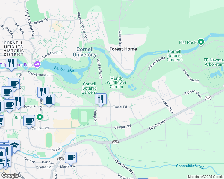 map of restaurants, bars, coffee shops, grocery stores, and more near Plantations Road in Ithaca