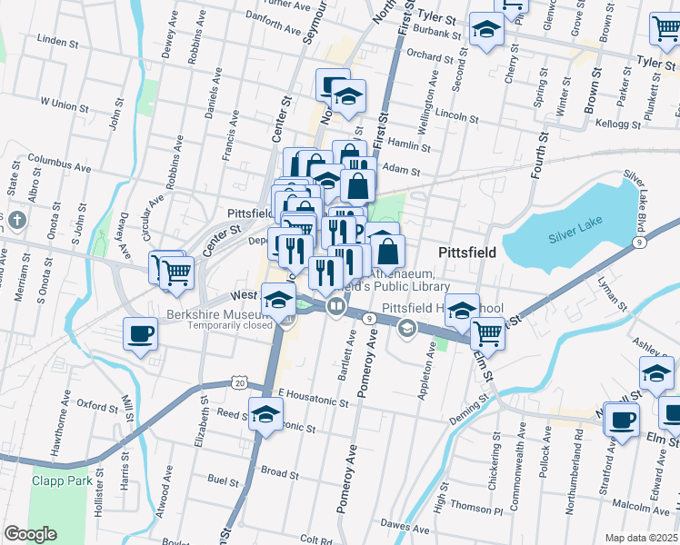 map of restaurants, bars, coffee shops, grocery stores, and more near 117 Fenn Street in Pittsfield