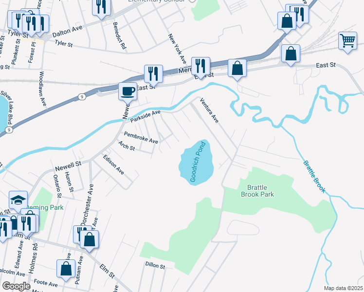 map of restaurants, bars, coffee shops, grocery stores, and more near 57 Herie Avenue in Pittsfield