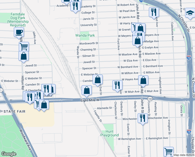 map of restaurants, bars, coffee shops, grocery stores, and more near 1581 East Webster Street in Ferndale