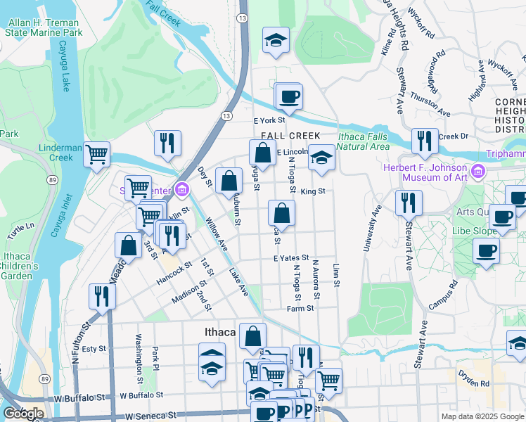 map of restaurants, bars, coffee shops, grocery stores, and more near 819 North Cayuga Street in Ithaca