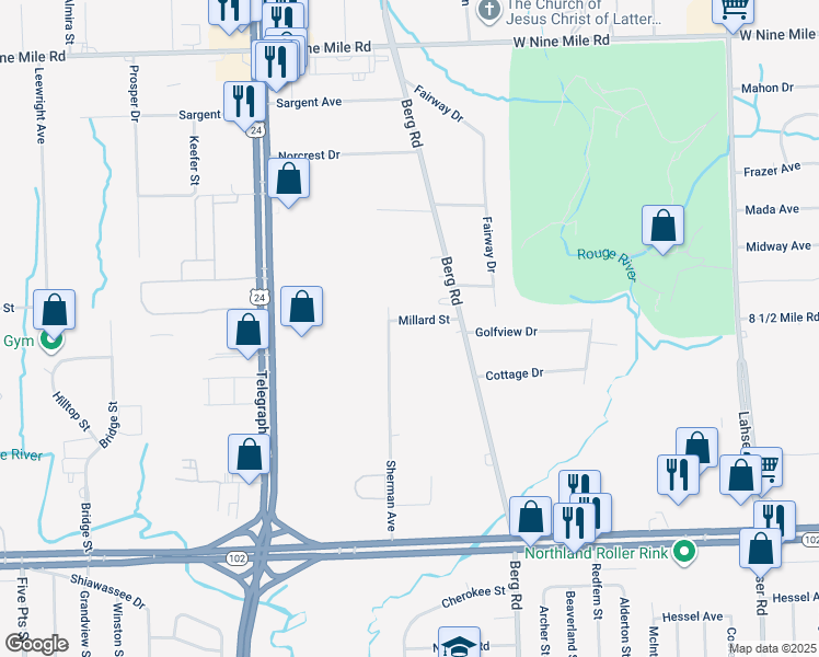 map of restaurants, bars, coffee shops, grocery stores, and more near 23640 Millard Street in Southfield