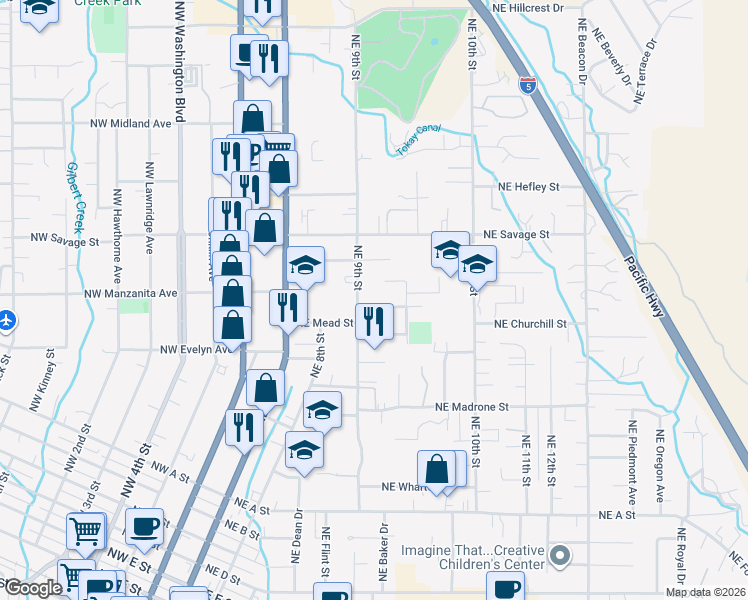 map of restaurants, bars, coffee shops, grocery stores, and more near 721 Northeast Pioneer Way in Grants Pass
