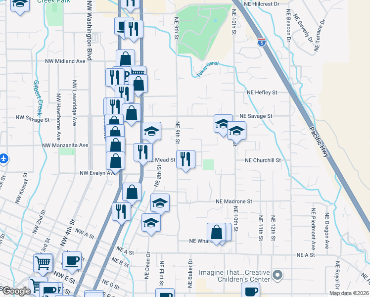map of restaurants, bars, coffee shops, grocery stores, and more near 721 Northeast Pioneer Way in Grants Pass