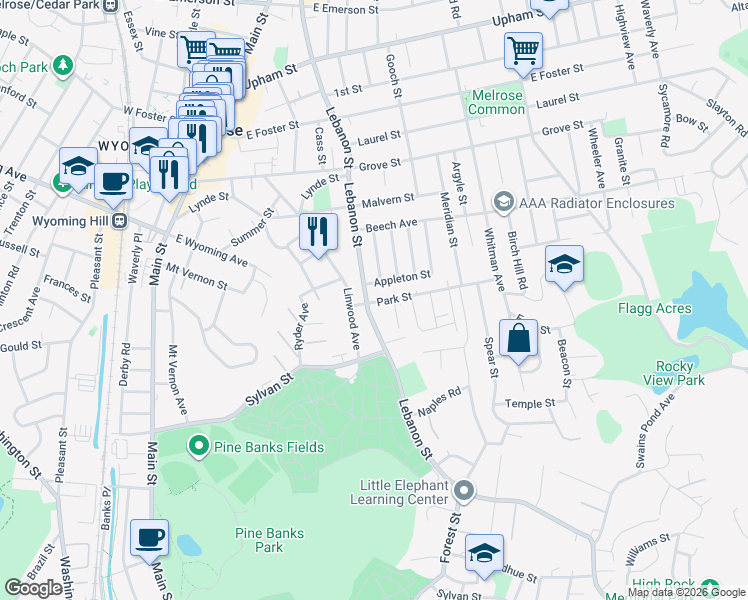 map of restaurants, bars, coffee shops, grocery stores, and more near 19 Appleton Street in Melrose