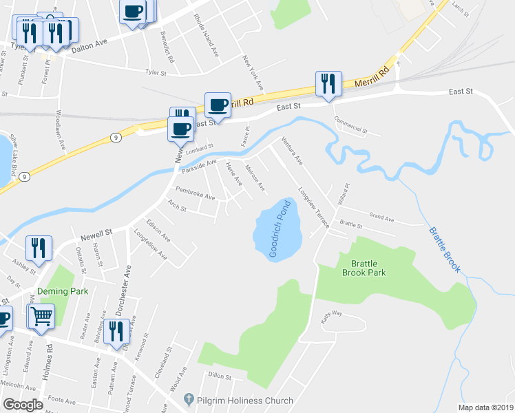 map of restaurants, bars, coffee shops, grocery stores, and more near 57 Herie Avenue in Pittsfield