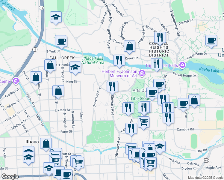 map of restaurants, bars, coffee shops, grocery stores, and more near 710 Stewart Avenue in Ithaca