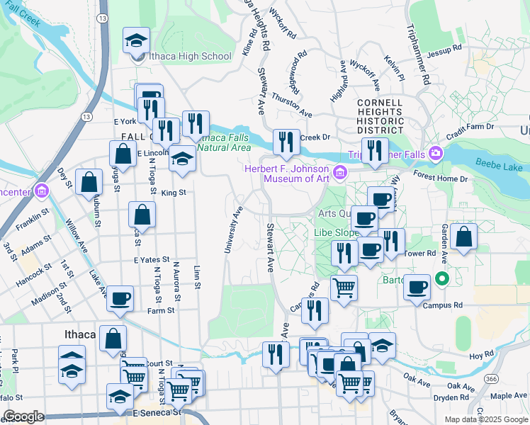 map of restaurants, bars, coffee shops, grocery stores, and more near 710 Stewart Avenue in Ithaca
