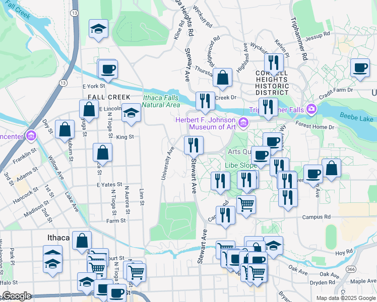 map of restaurants, bars, coffee shops, grocery stores, and more near 710 Stewart Avenue in Ithaca