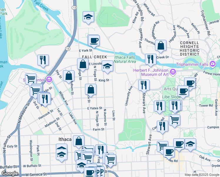 map of restaurants, bars, coffee shops, grocery stores, and more near 209 King Street in Ithaca