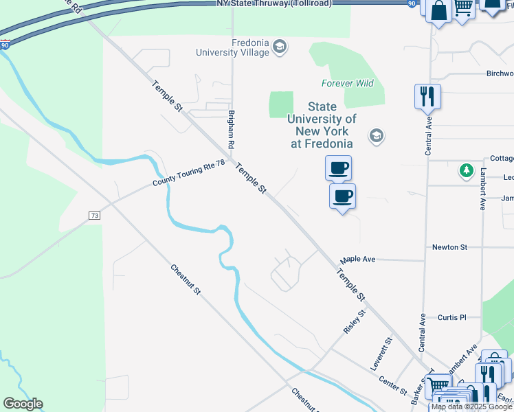 map of restaurants, bars, coffee shops, grocery stores, and more near 334 Temple Street in Fredonia