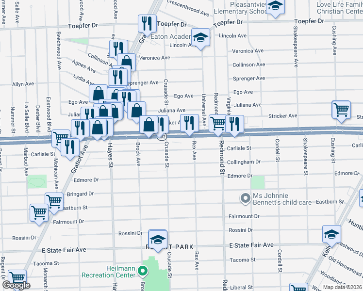 map of restaurants, bars, coffee shops, grocery stores, and more near 15522 East 8 Mile Road in Detroit