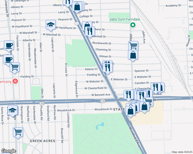 map of restaurants, bars, coffee shops, grocery stores, and more near 224 Fielding Street in Ferndale