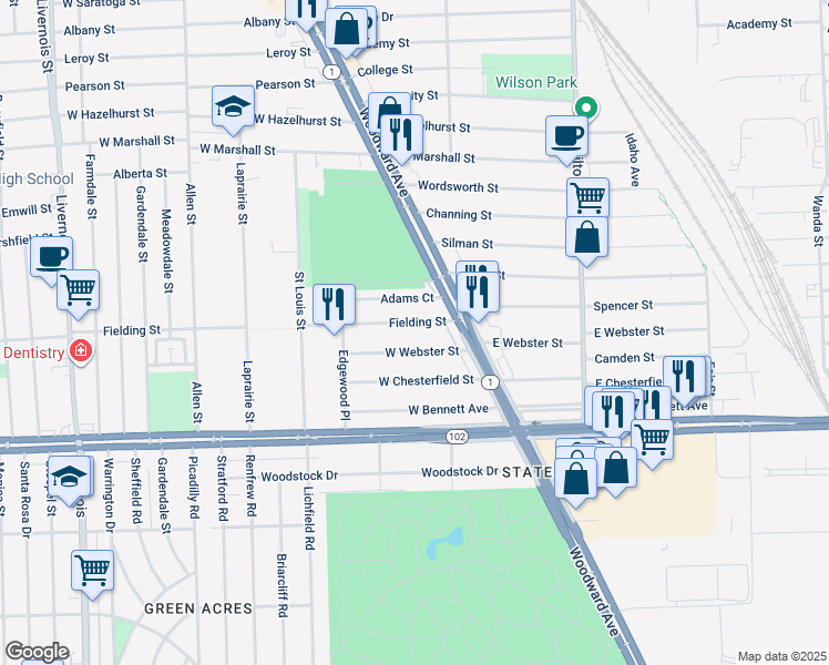 map of restaurants, bars, coffee shops, grocery stores, and more near 224 Fielding Street in Ferndale