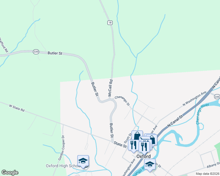 map of restaurants, bars, coffee shops, grocery stores, and more near County Road 18 in Oxford