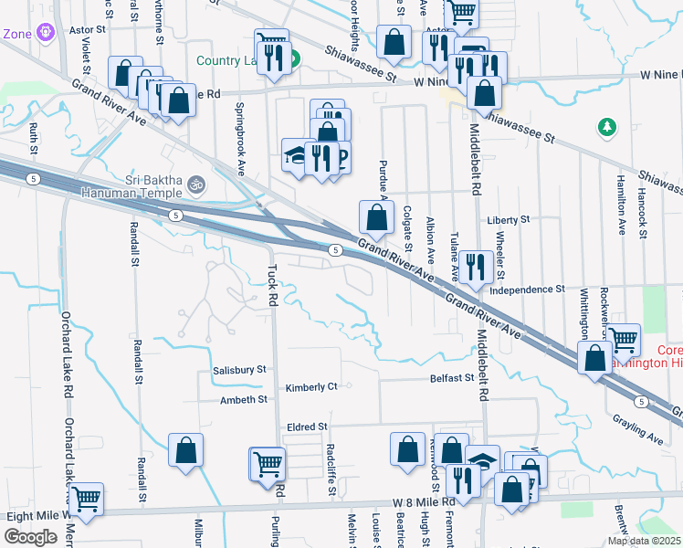 map of restaurants, bars, coffee shops, grocery stores, and more near 30310 Timberidge Circle in Farmington Hills