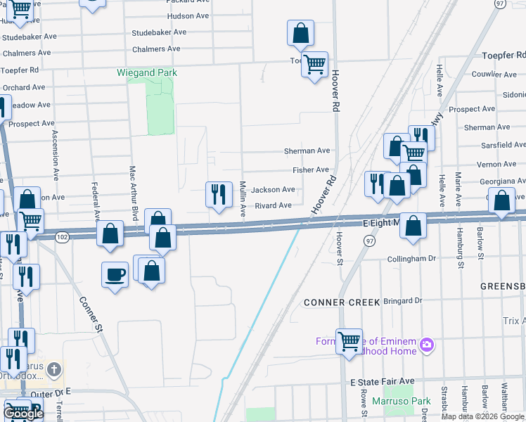 map of restaurants, bars, coffee shops, grocery stores, and more near 11345 Rivard Avenue in Warren