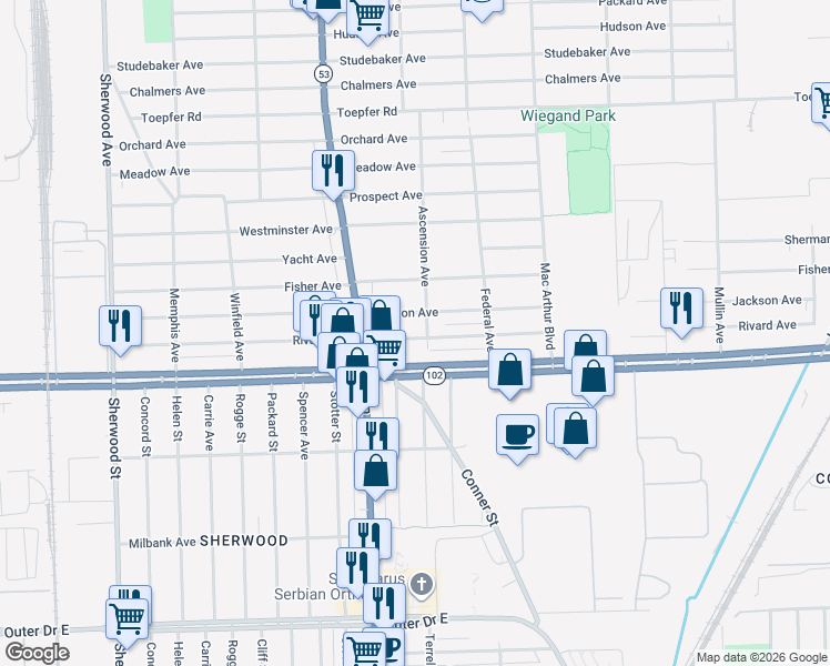 map of restaurants, bars, coffee shops, grocery stores, and more near 8080 Jackson Avenue in Warren