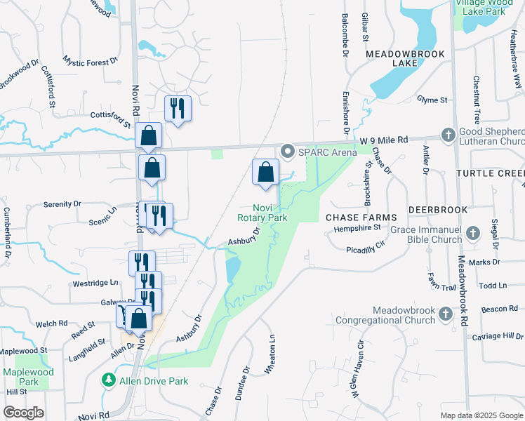 map of restaurants, bars, coffee shops, grocery stores, and more near 22220 Roethel Drive in Novi