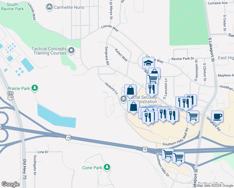 map of restaurants, bars, coffee shops, grocery stores, and more near 3606 Juniper Court in Sioux City