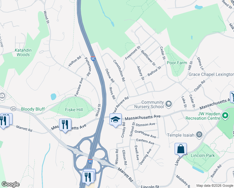 map of restaurants, bars, coffee shops, grocery stores, and more near 10 Revolutionary Road in Lexington