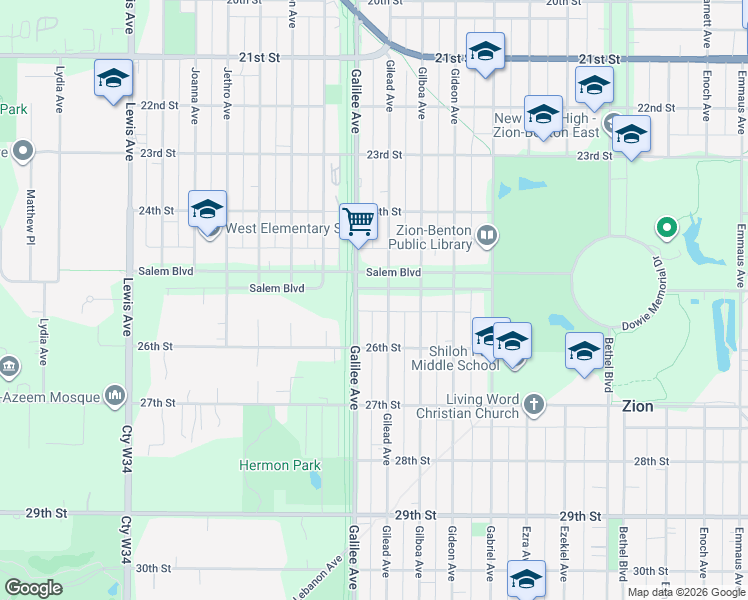 map of restaurants, bars, coffee shops, grocery stores, and more near 2309 Salem Boulevard in Zion