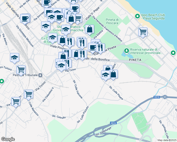 map of restaurants, bars, coffee shops, grocery stores, and more near 30 Strada Colle Pineta in Pescara