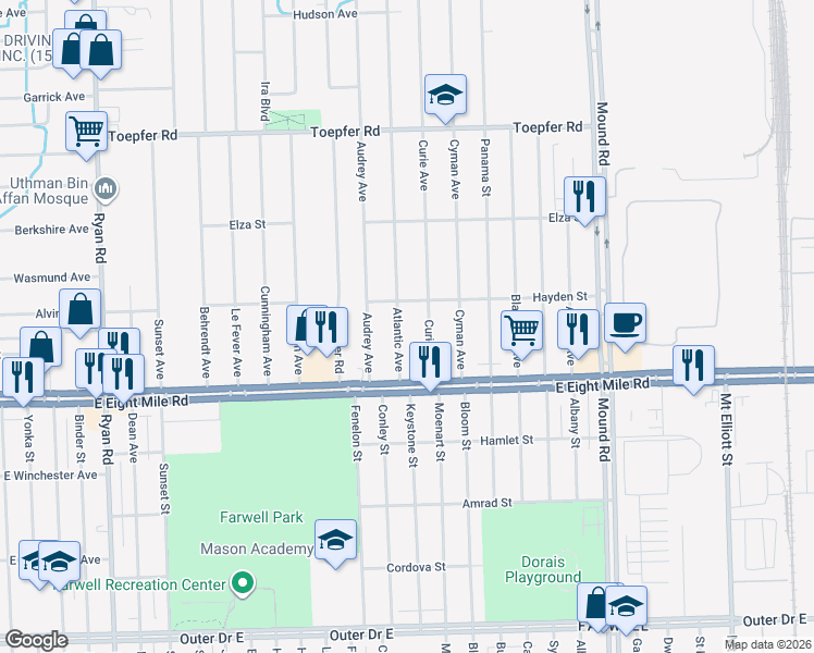 map of restaurants, bars, coffee shops, grocery stores, and more near 20862 Atlantic Avenue in Warren