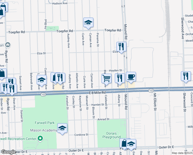 map of restaurants, bars, coffee shops, grocery stores, and more near 20805 Panama Street in Warren