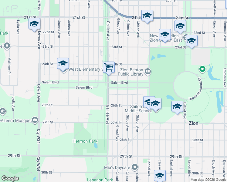 map of restaurants, bars, coffee shops, grocery stores, and more near 2309 Salem Boulevard in Zion
