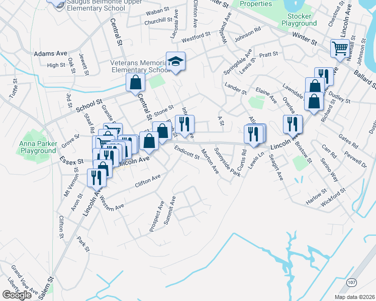 map of restaurants, bars, coffee shops, grocery stores, and more near in Saugus