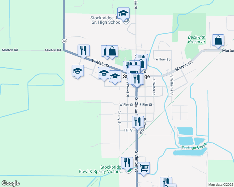 map of restaurants, bars, coffee shops, grocery stores, and more near 305 West Elizabeth Street in Stockbridge