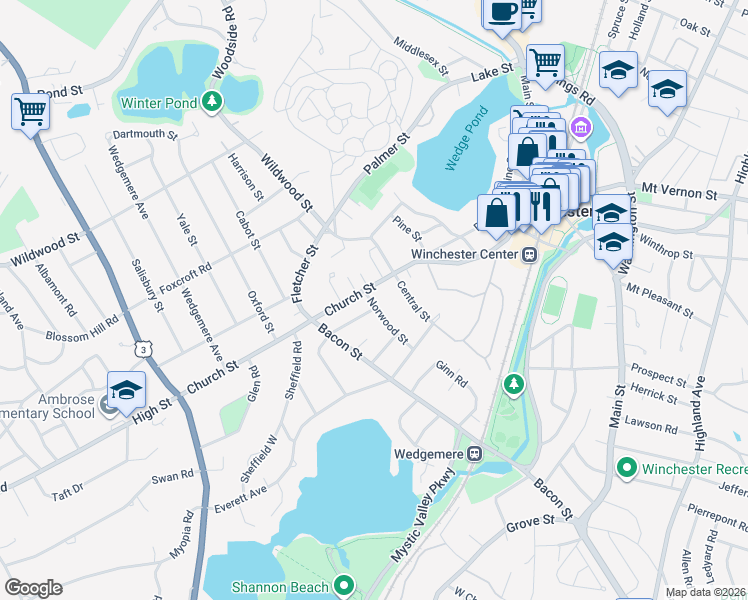 map of restaurants, bars, coffee shops, grocery stores, and more near 4 Norwood Street in Winchester