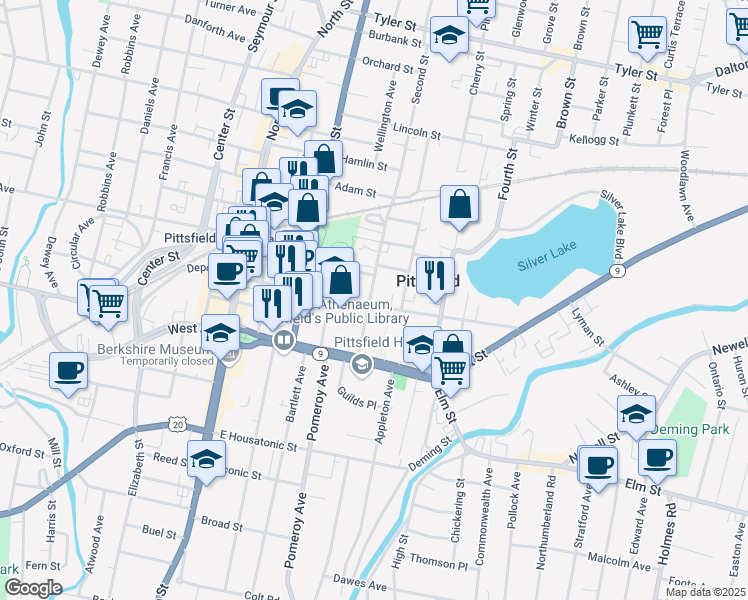 map of restaurants, bars, coffee shops, grocery stores, and more near 75 2nd Street in Pittsfield