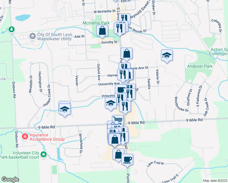 map of restaurants, bars, coffee shops, grocery stores, and more near 151 University Avenue in South Lyon