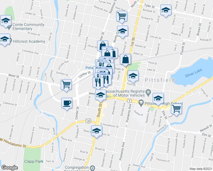 map of restaurants, bars, coffee shops, grocery stores, and more near 37 School Street in Pittsfield